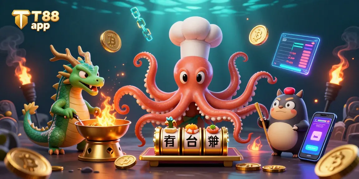 Experience the excitement of TT88 app with vibrant characters, jackpot slots, and dazzling cryptocurrency elements.