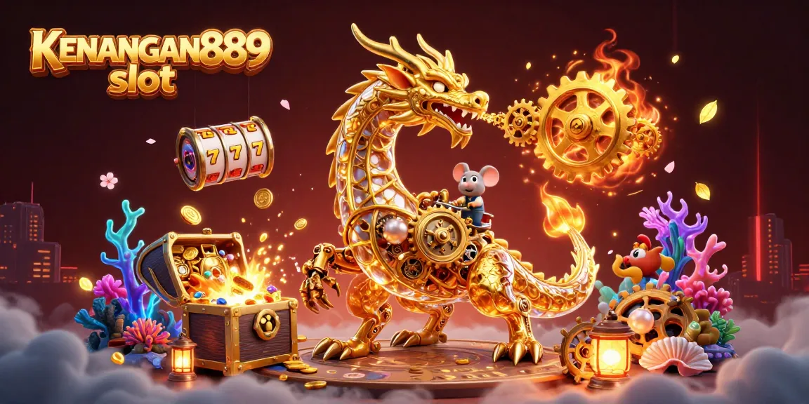 Engage in thrilling KENANGAN889 slot adventures, featuring a golden dragon and dynamic gaming elements.