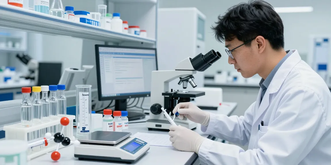Researcher analyzing SwissChems Peptides in a modern lab setting, showcasing precision and scientific inquiry.