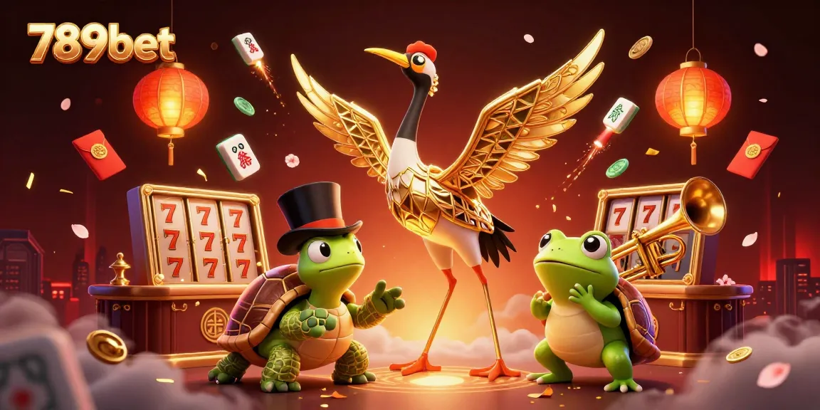 Experience the excitement of 789bet with a vibrant 3D casino scene featuring a cartoon crane, turtle, and trumpet-playing frog.