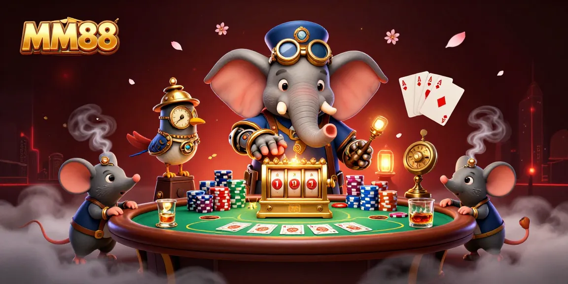 Experience thrilling MM88 slot action with a steampunk elephant engineer and vibrant poker atmosphere.