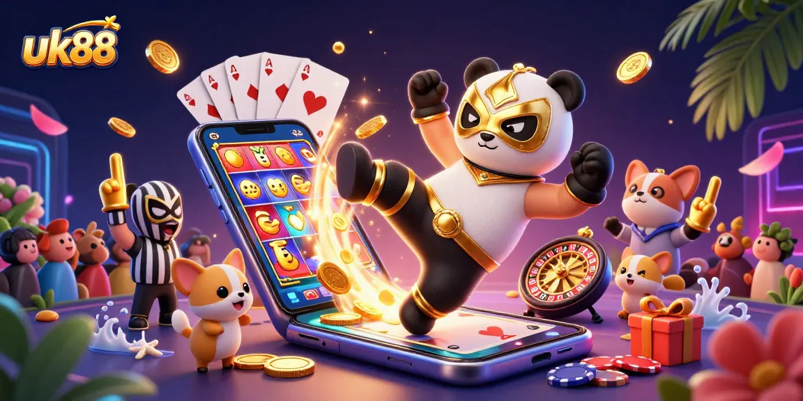 Bet on exciting slot games with UK88 - dynamic 3D scene featuring panda wrestler and festive atmosphere