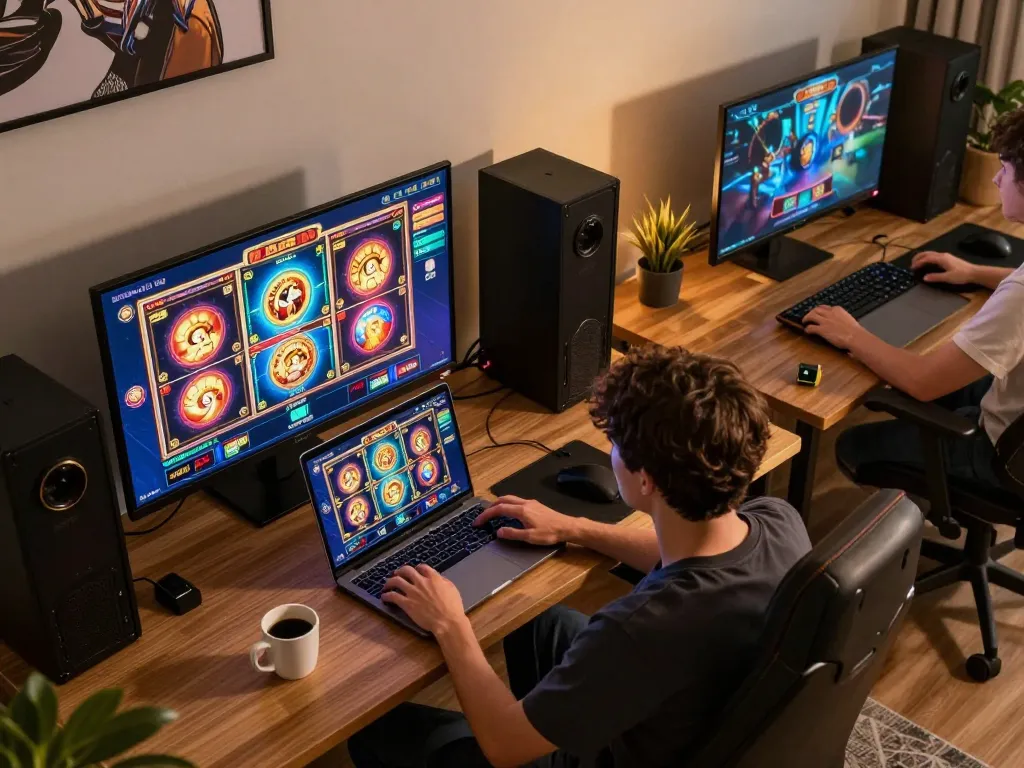 LIGA2000 player spinning vibrant online slot reels in a modern home workspace.