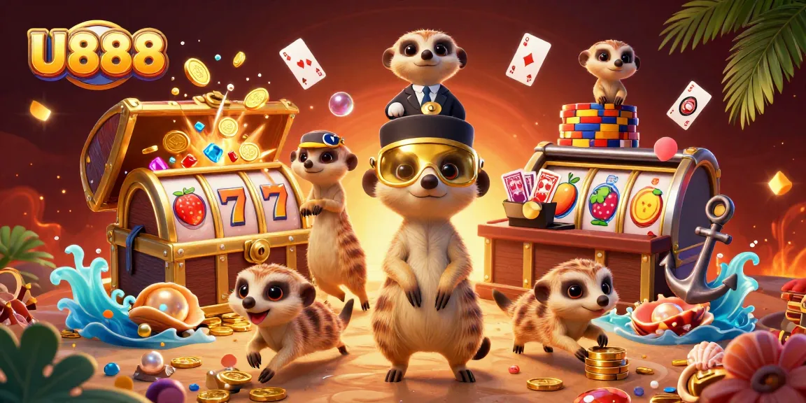 Experience U888's vibrant casino world with meerkats gaming amidst treasure and dynamic slots.