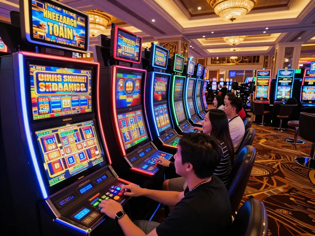Players enjoying slot pulsa games at a vibrant casino, showcasing excitement and engagement