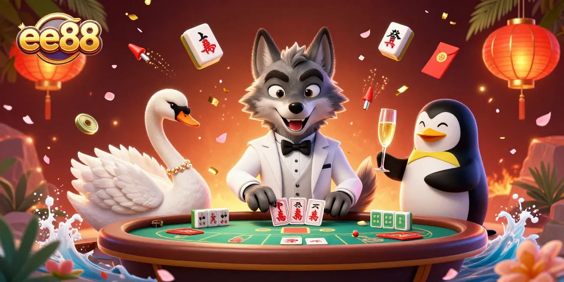 Experience the thrill of ee88 with a vibrant casino scene featuring a debonair wolf and elegant swan at a baccarat table.