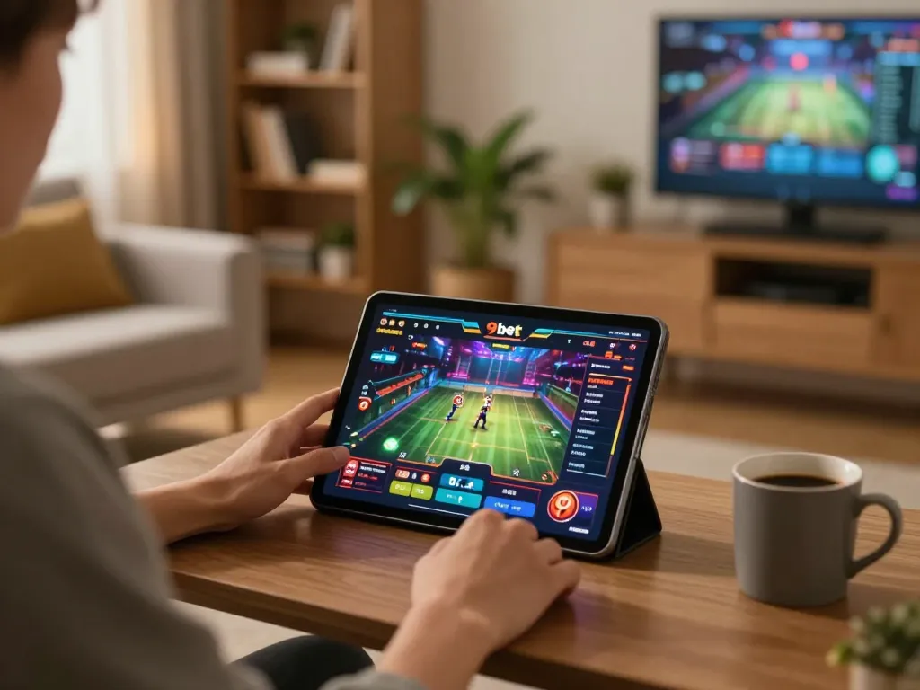 Player engaging in online gaming experience on 9bet tablet with vibrant game interface