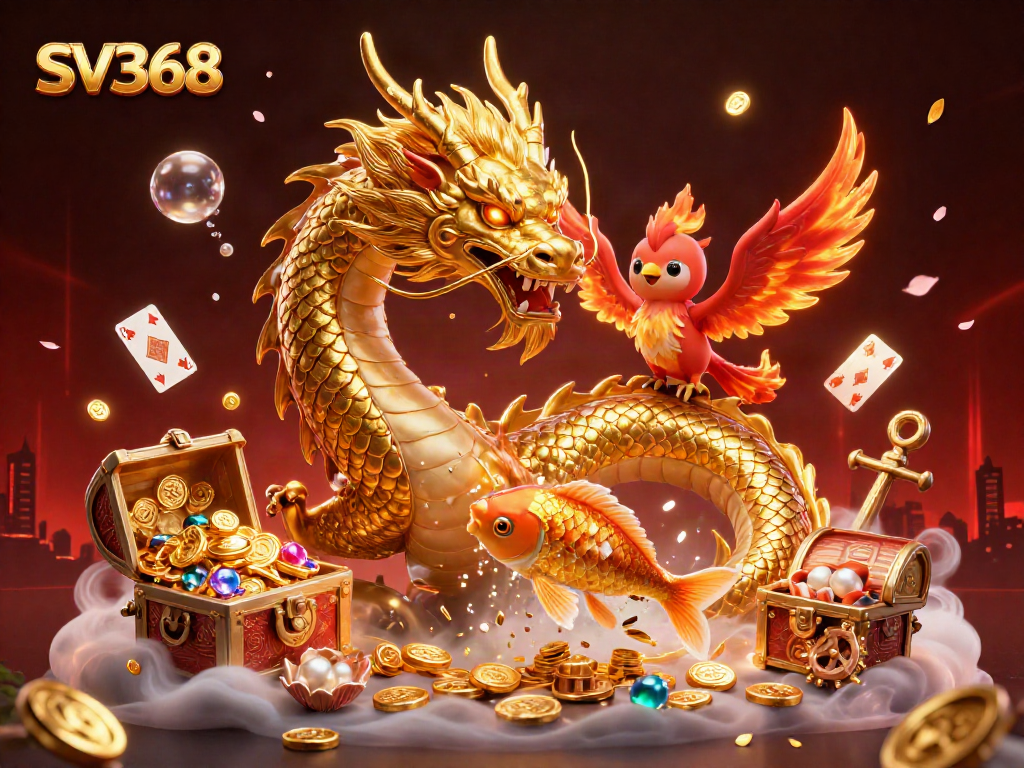 Experience thrills with SV368 in this exciting casino-themed illustration featuring a dragon, phoenix, and koi fish.