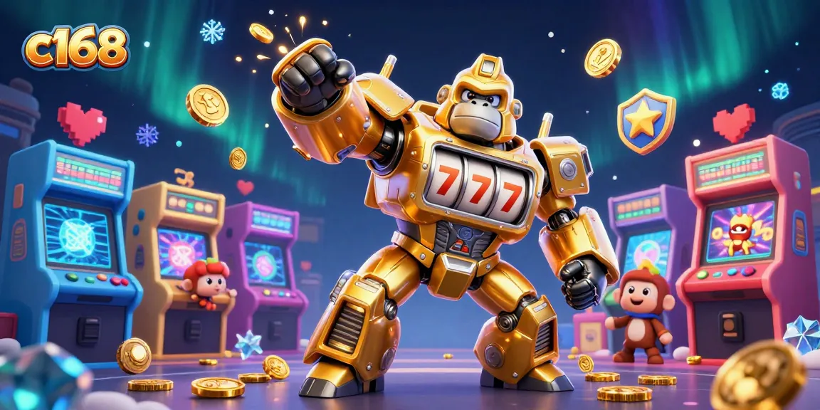 Experience thrilling slots action with c168 in a vibrant arcade-style casino scene filled with game elements.