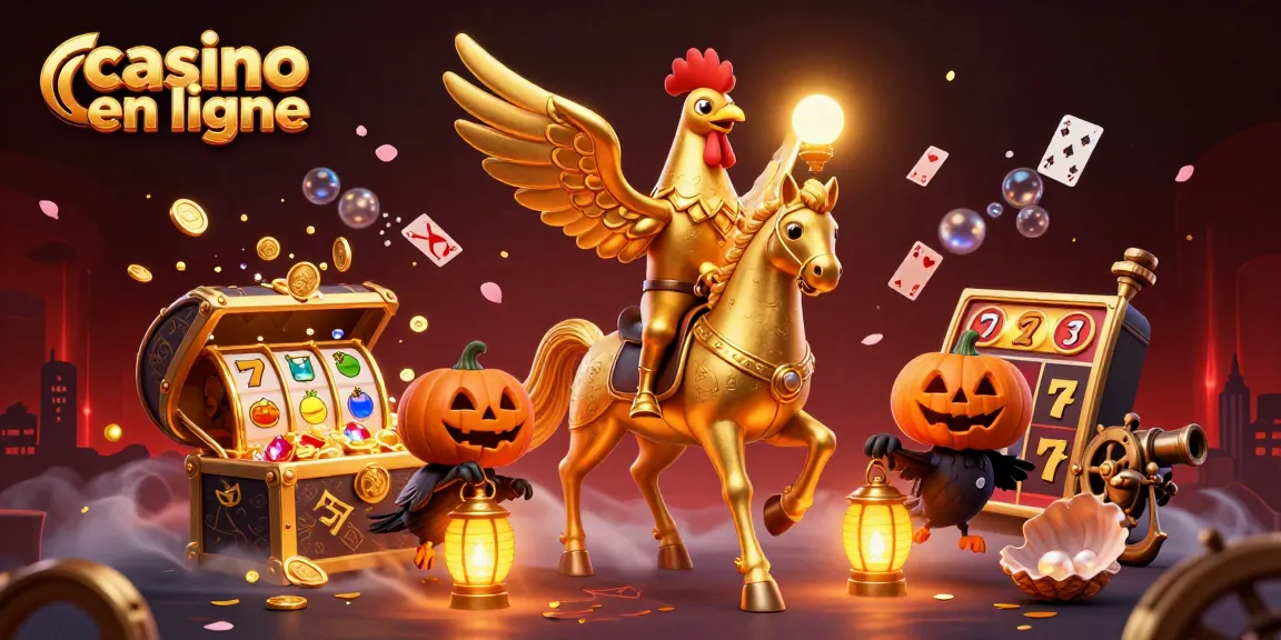 Casino en ligne avec un coq doré et ses compagnons dans un univers de jeux haut en couleurs.