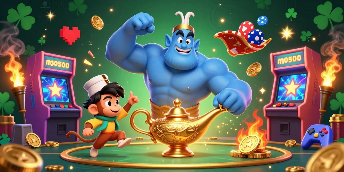Engage with mpo500’s dynamic gaming experience featuring a blue genie, monkey, and flying poker chips.