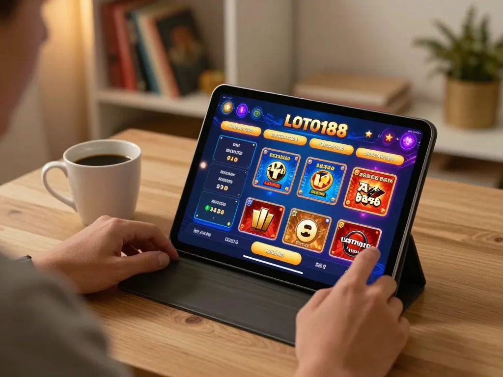 Player enjoying LOTO188 COM on tablet with casino interface in a cozy setting for optimal gaming experience