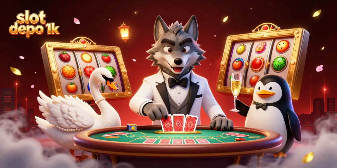 Join the excitement with slot depo 1k as a lucky wolf, swan dealer, and penguin sommelier celebrate wins!