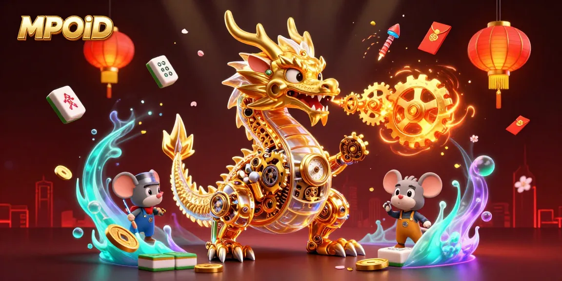 MPOID showcases an action-packed 3D illustration featuring a golden dragon, golden gears, and vibrant gambling elements.