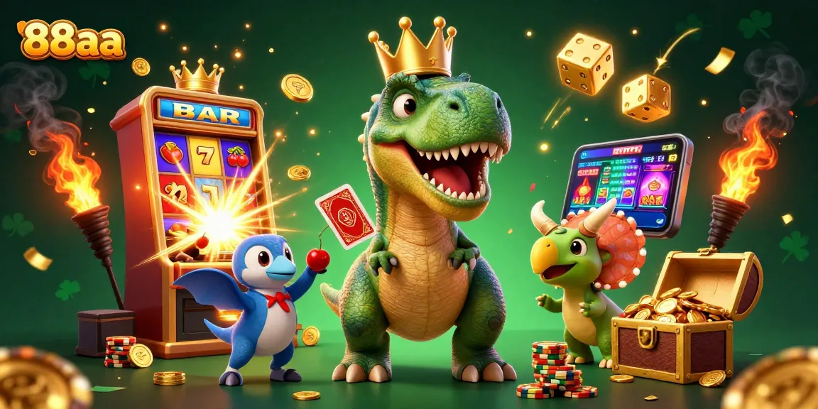 88aa brings excitement with a T-Rex shuffling cards in a vibrant casino setting, showcasing an epic jackpot explosion.