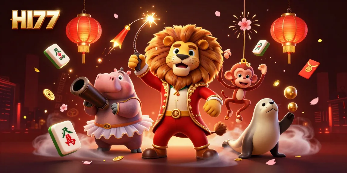 HI77 offers vibrant casino action with 3D circus characters amid mahjong tiles and lucky charms.