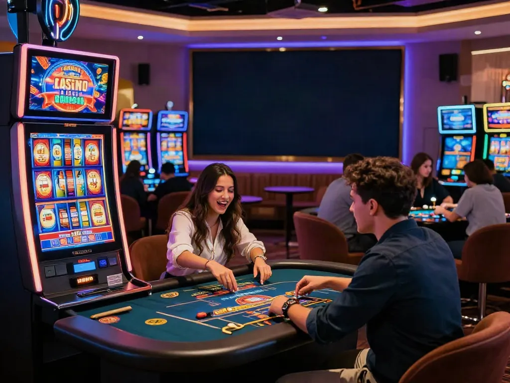 Engaging Casino En Ligne scene with players enjoying slot machines and table games in a vibrant atmosphere.