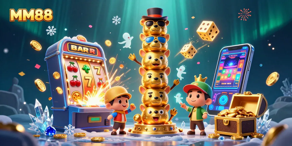 MM88 features a dynamic casino scene with totem pole characters, slot machine action, and festive elements.