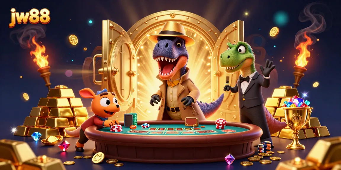 Experience the excitement of jw88 with a velociraptor playing blackjack while treasures abound.