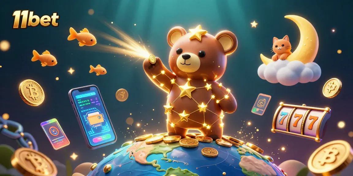 Experience exciting gameplay with 11bet in a vibrant, detailed casino illustration featuring stars and crypto coins.