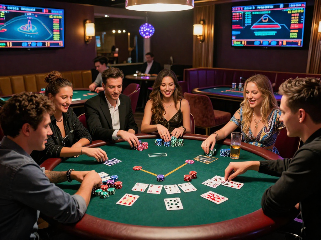 Amici che celebrano al tavolo da poker in un casinò non AAMS, ambiente vivace e accogliente.