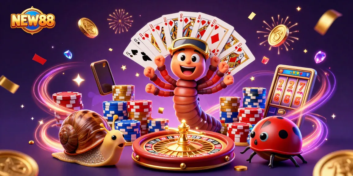 NEW88 showcases a vibrant casino scene with characters celebrating gaming wins among flying coins and jackpots.