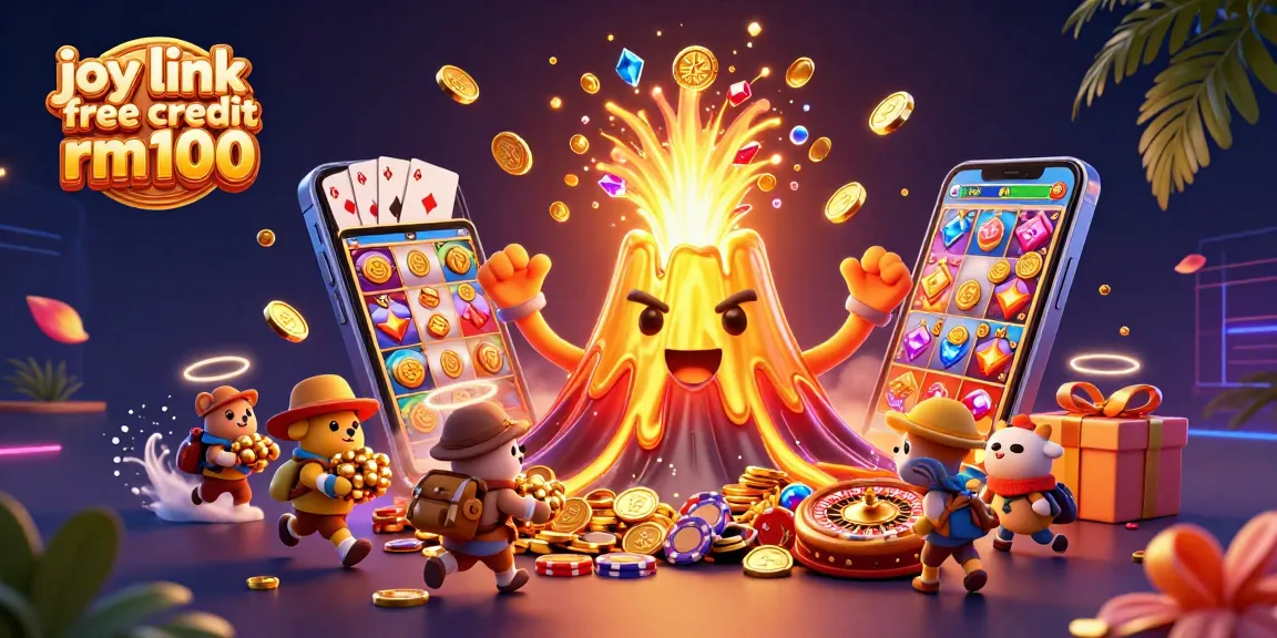 Experience joy link free credit rm100 with a golden volcano erupting treasures in this vibrant casino illustration.