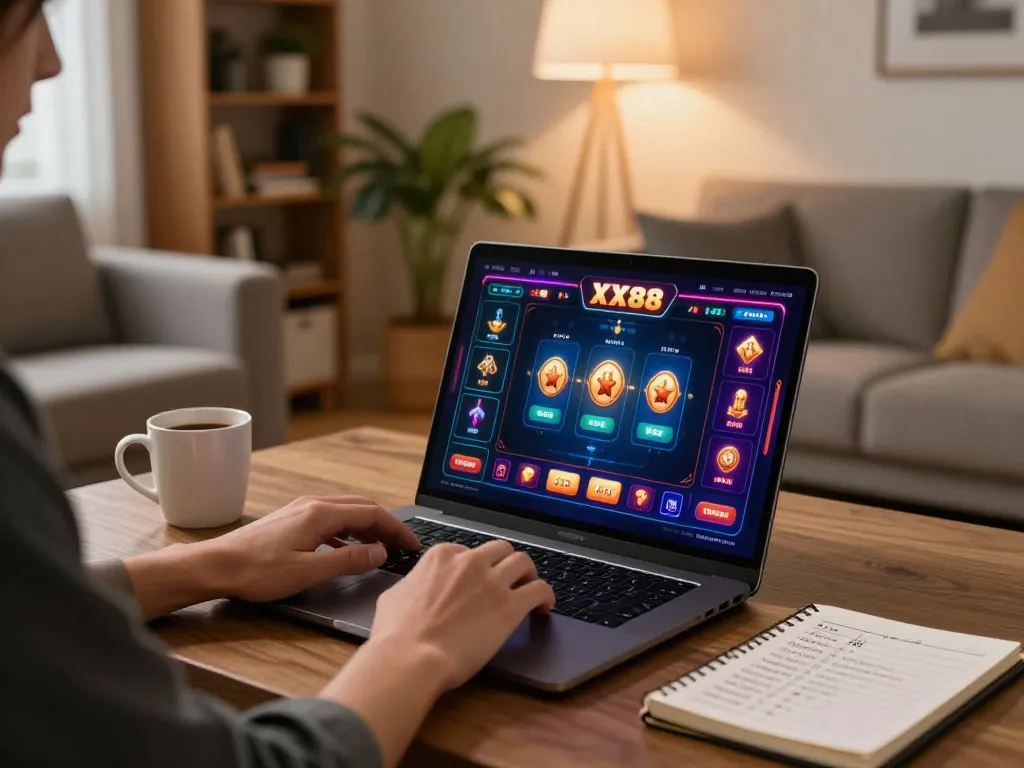 Engaging in an XX88 game on a laptop, showcasing a vibrant casino interface in a cozy home setup.