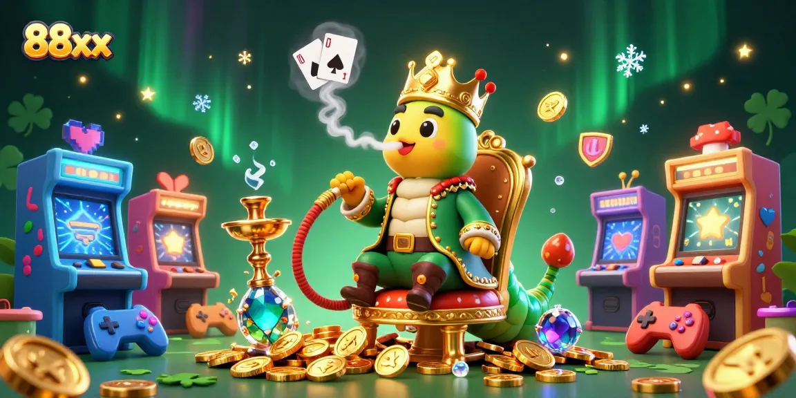 Engaging 88xx gambling scene showcasing a caterpillar hookah-master amidst casino-themed arcade games.
