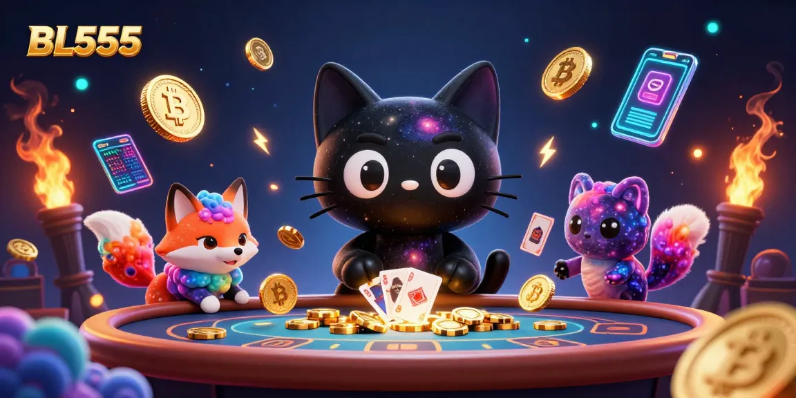 Engage in thrilling gameplay at BL555's cosmic casino featuring vibrant characters and crypto elements.