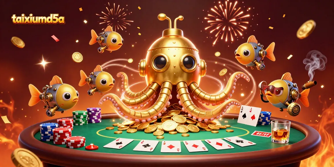 Join the excitement at taixiumd5a with a vibrant poker scene featuring a golden kraken and treasures.