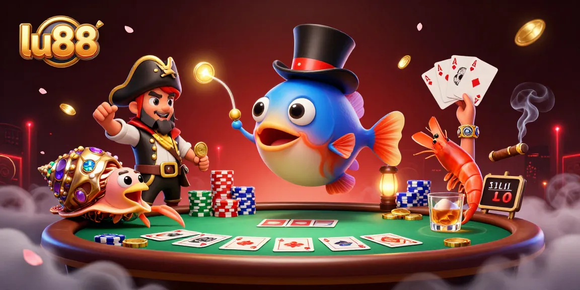 lu88 attracts players with a vibrant scene of golden coins, poker elements, and animated sea creatures