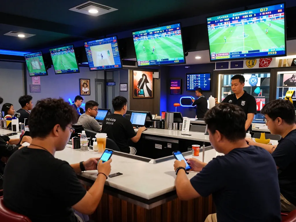 Patrons excitedly placing bets on keonhacai sports events in a modern betting lounge