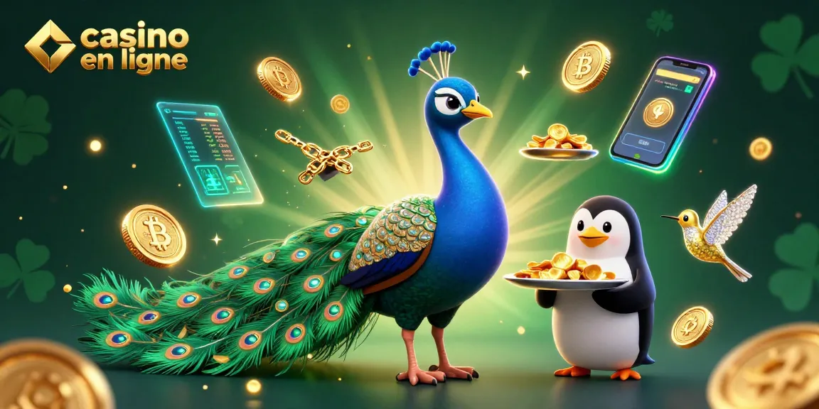 Jouez au casino en ligne avec une illustration vibrante de personnages animés entourés de jeux et symboles de casino.
