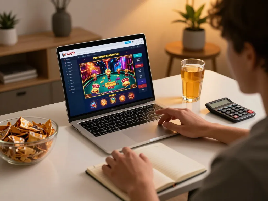 Engaging scene of a user strategizing on GO99 com with snacks and drinks at a stylish home desk.