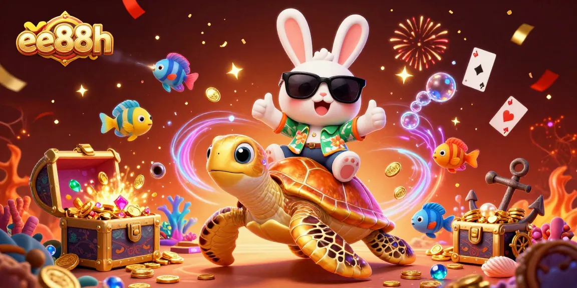 Experience the excitement of ee88h online gaming with a vibrant scene featuring a lucky rabbit and turtle against a treasure-filled backdrop.