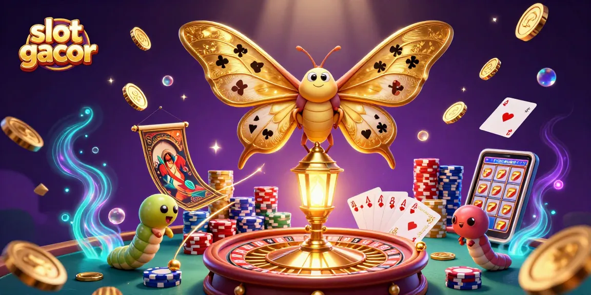 Spin to win with slot gacor as cascading coins and vibrant casino elements surround a regal moth.