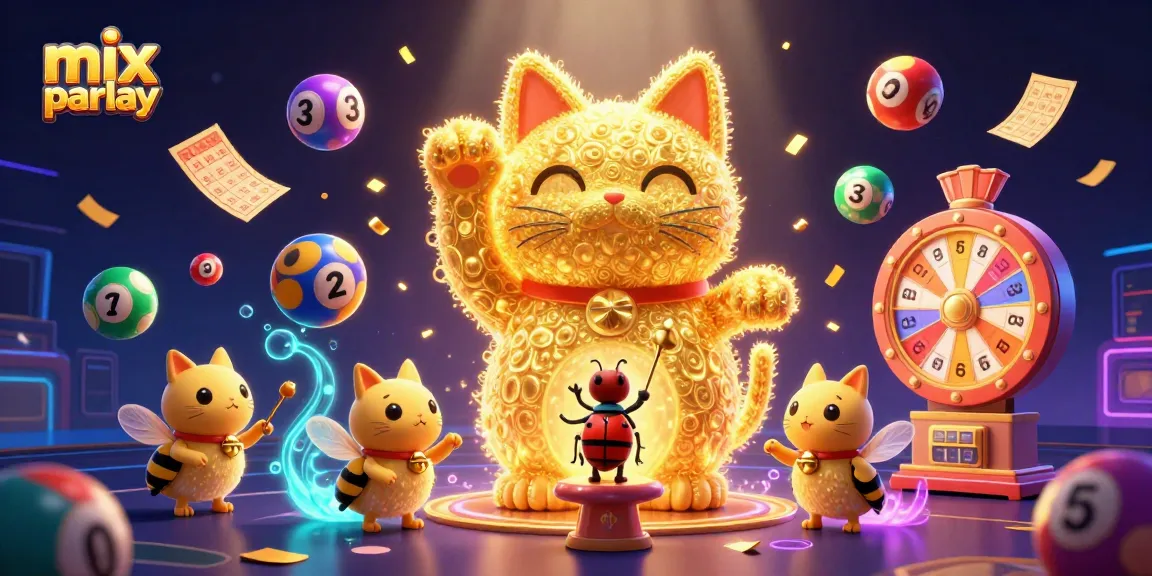 Mix parlay dalam ilustrasi kucing keberuntungan menari di tengah bola lotre yang berwarna-warni.