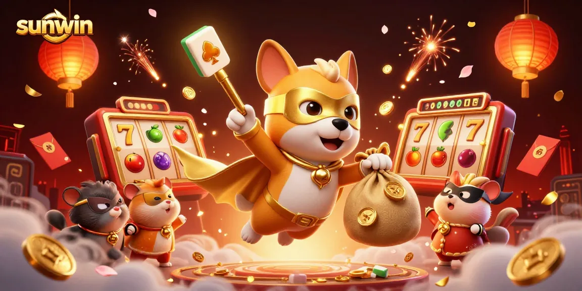 Engage in the excitement of sunwin with a vibrant scene of a superhero dog flying amid casino elements.