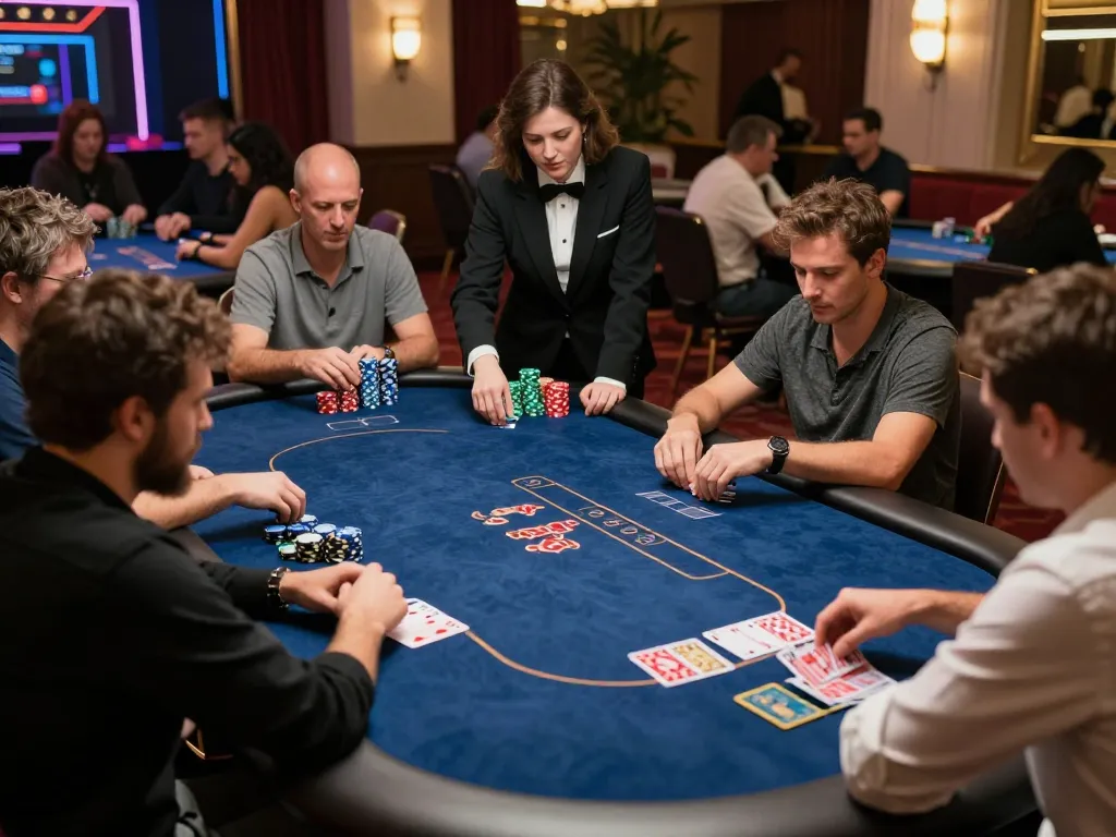 Engaged players at nhà cái mb66 poker game with colorful chips and dealer in action