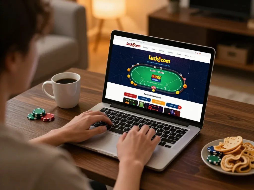 Engaging in online games on the Luck8com platform with a cozy home setting and poker interface