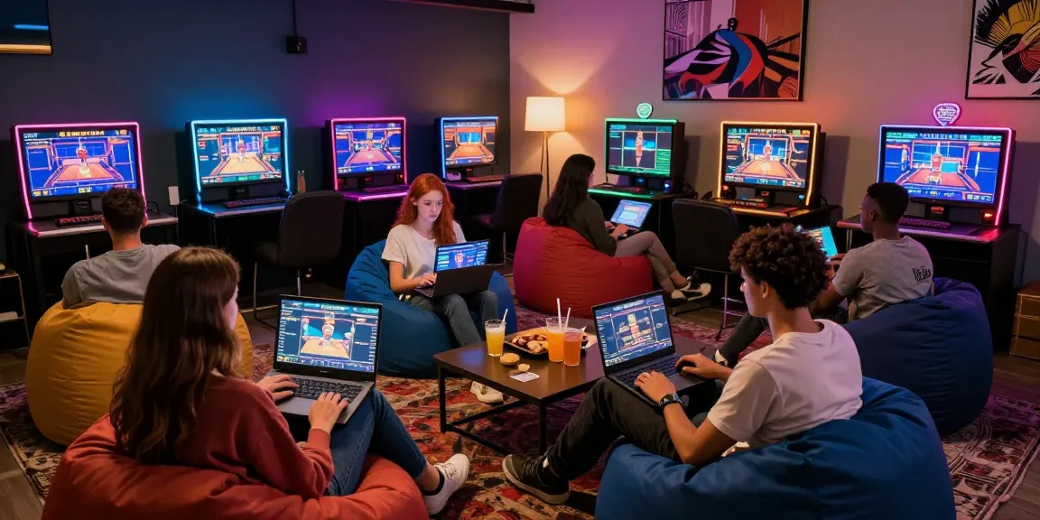 Group enjoying interactive online gaming at ok8386.com in a modern lounge.