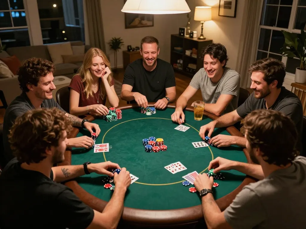 Friends enjoying poker night at home, using 789win com for strategy tips and entertainment.