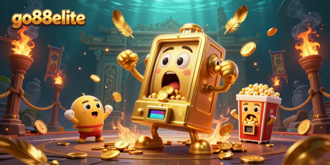 Experience go88elite with this vibrant 3D illustration of jackpot excitement featuring a golden slot machine hitting a jackpot.