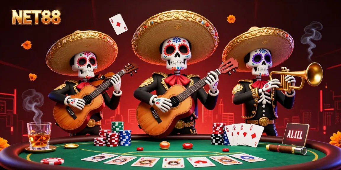 NET88 showcases vibrant mariachi characters celebrating casino action with poker chips and cards.