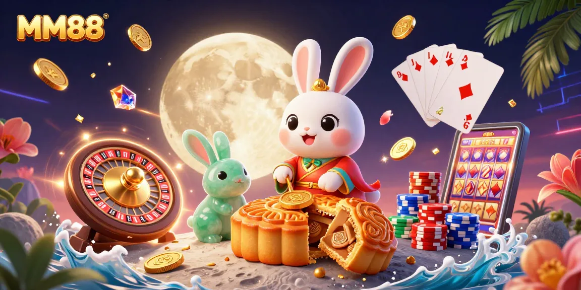 Experience MM88's vibrant casino world with a moon rabbit and poker chips amidst dazzling elements.