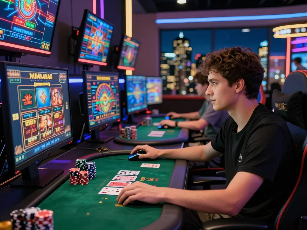 Engaging online gaming atmosphere featuring MM88 casino setup with colorful games and poker chips.