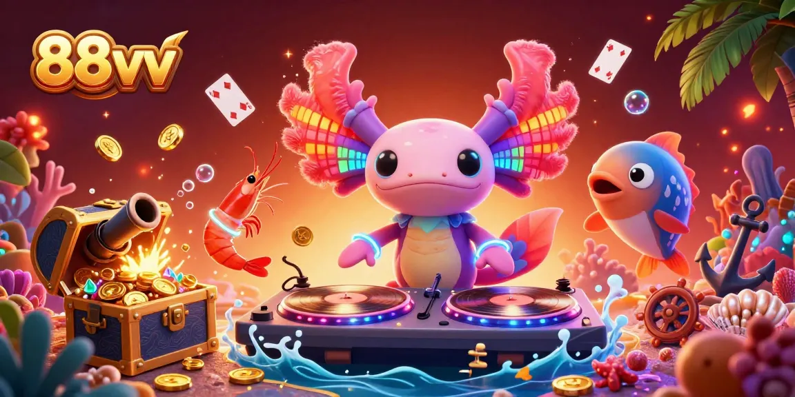 Engage with 88vv at an underwater casino party featuring lively cartoon axolotl DJ and glowing game elements.