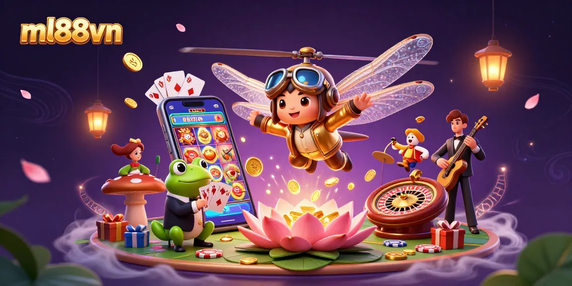 Engage with ml88vn's vibrant casino experience featuring a dragonfly pilot and frog croupier amidst dynamic gameplay elements.