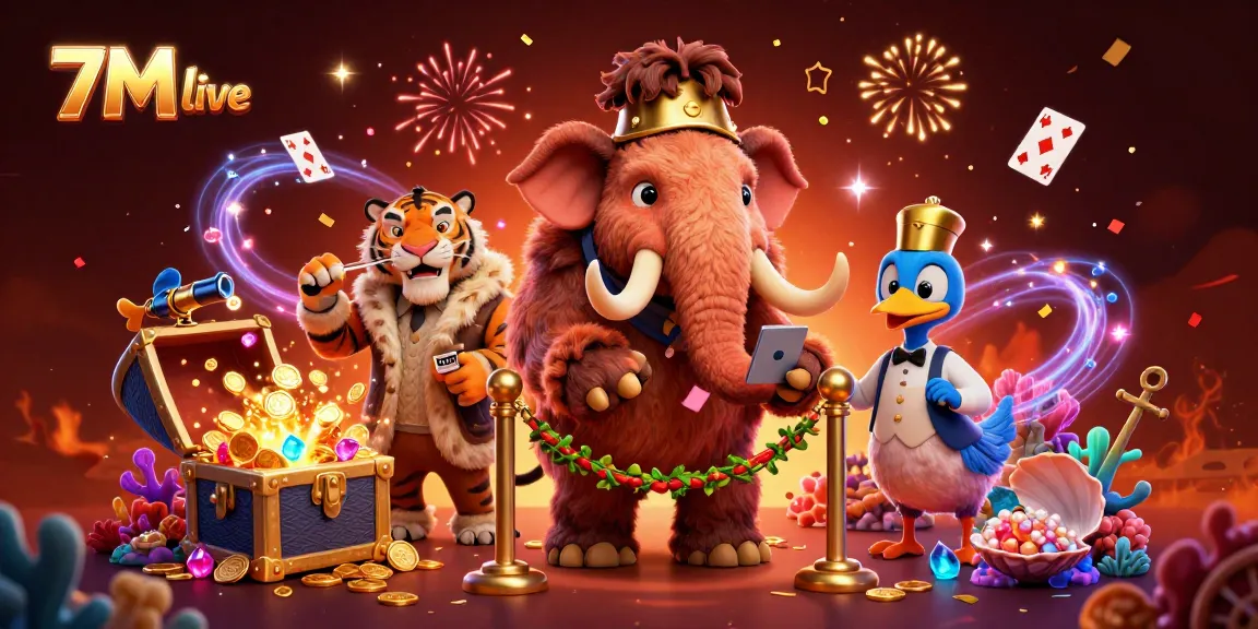 Engage with the vibrant scene of 7M live featuring a woolly mammoth bouncer, tiger VIP, and dodo doorman in a casino.